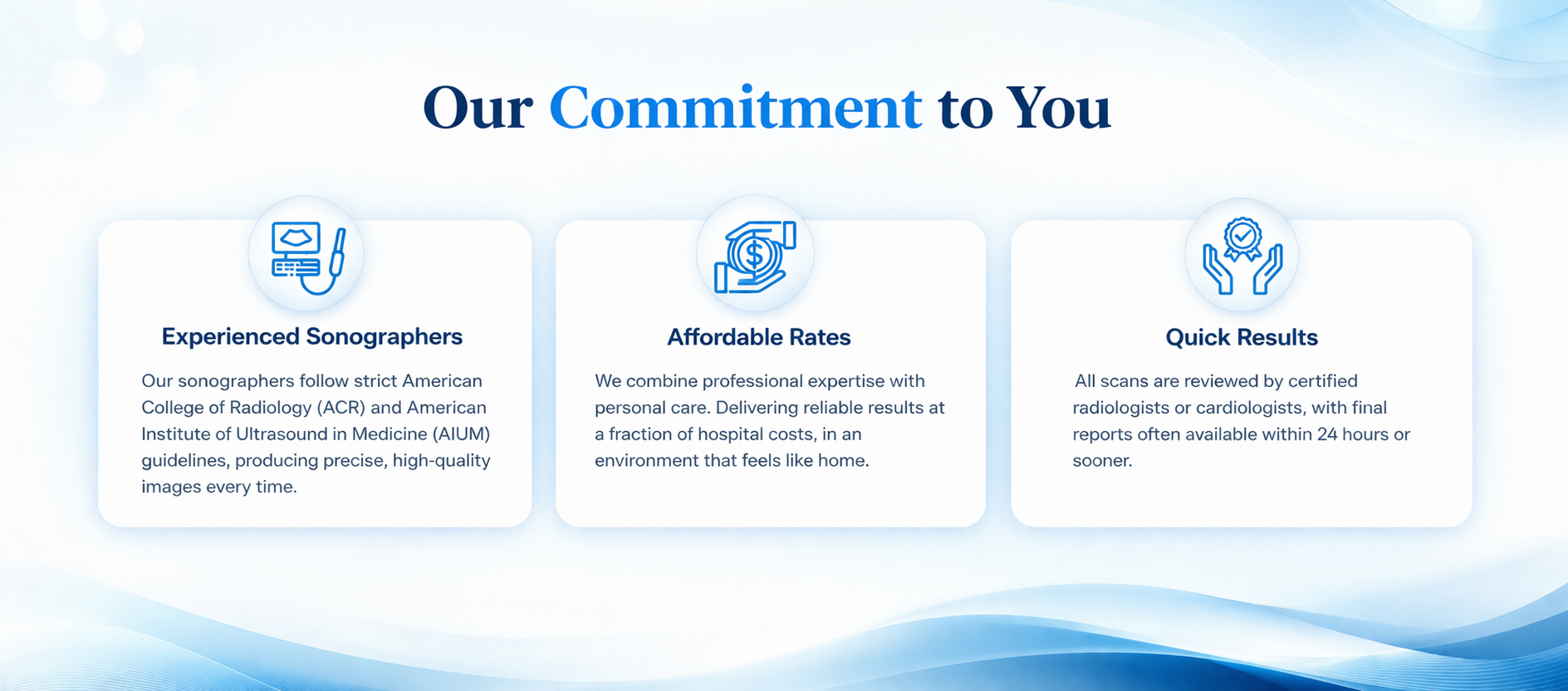 Our Commitment to You: experienced sonographers, affordable rates, and quick results.